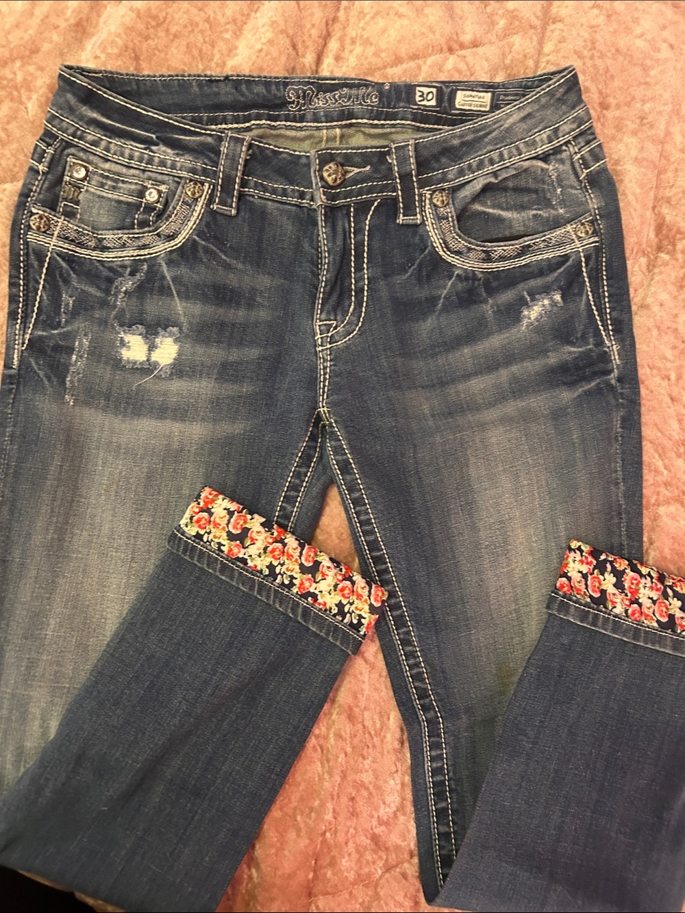 Miss Me Dark Blue Denim Boyfriend Jeans with Floral Cuff